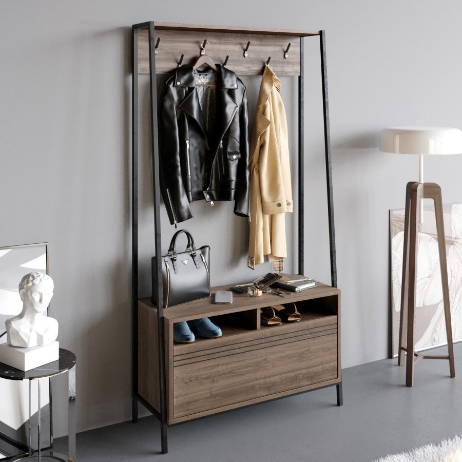 FUNZI LIVING Devin entrést, m. 7 knager, 1 lge og hylde - valndfarvet melamin og sort metal