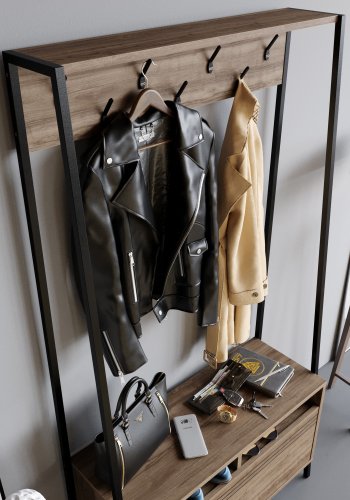 FUNZI LIVING Devin entrést, m. 7 knager, 1 lge og hylde - valndfarvet melamin og sort metal