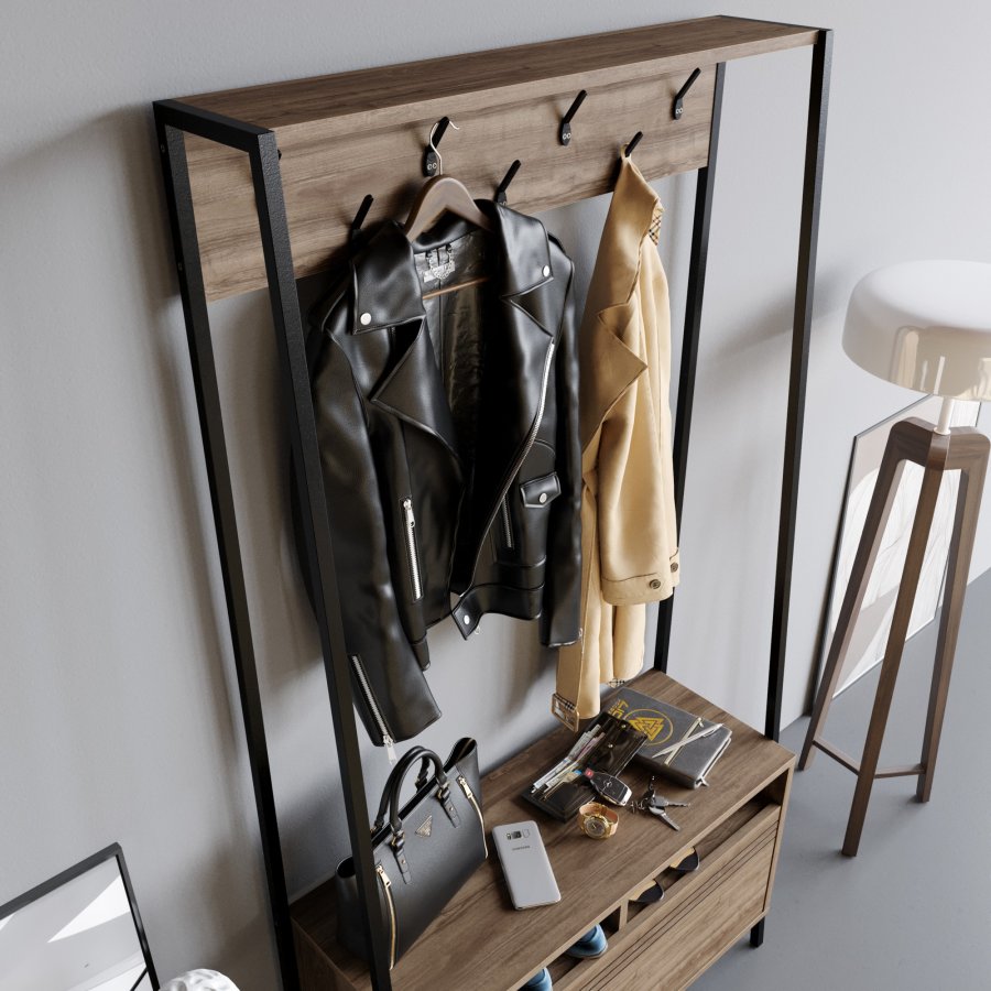 FUNZI LIVING Devin entrést, m. 7 knager, 1 lge og hylde - valndfarvet melamin og sort metal