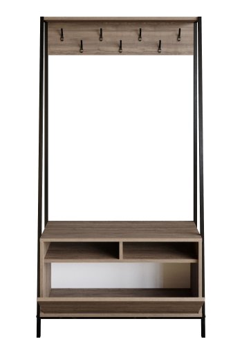 FUNZI LIVING Devin entrést, m. 7 knager, 1 lge og hylde - valndfarvet melamin og sort metal