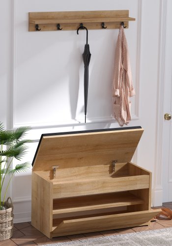 FUNZI LIVING Boby entrébnk og knagerkke - m. opbevaring - sort og egefarvet melamin (st med 2)