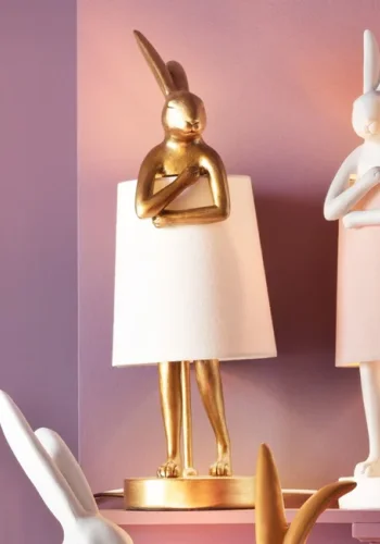 KARE DESIGN Animal Rabbit bordlampe - hvid linnedhr og guld polyresin/stl (H:50cm)