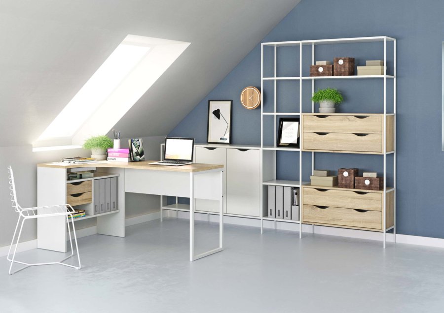 TVILUM Function Plus hjrneskrivebord - hvid/egetrsstruktur, m. 2 skuffer 