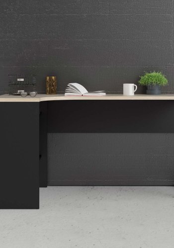 TVILUM Function Plus hjrneskrivebord - mat sort/egetrsstruktur, m. 2 skuffer 