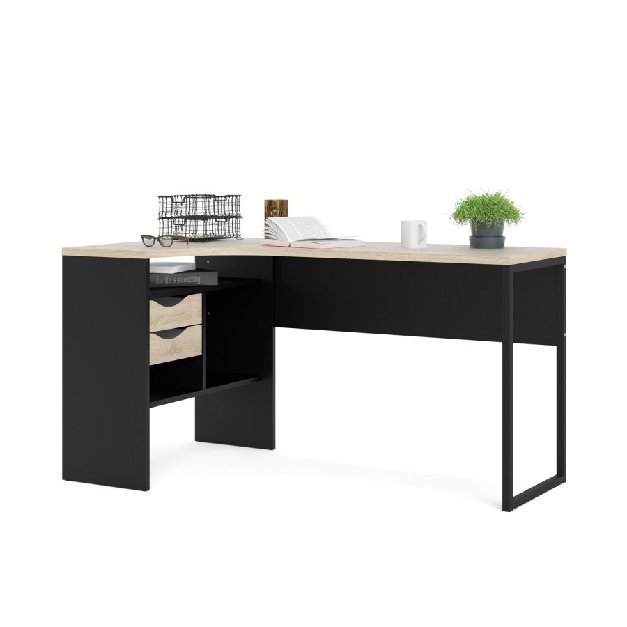 TVILUM Function Plus hjrneskrivebord - mat sort/egetrsstruktur, m. 2 skuffer 