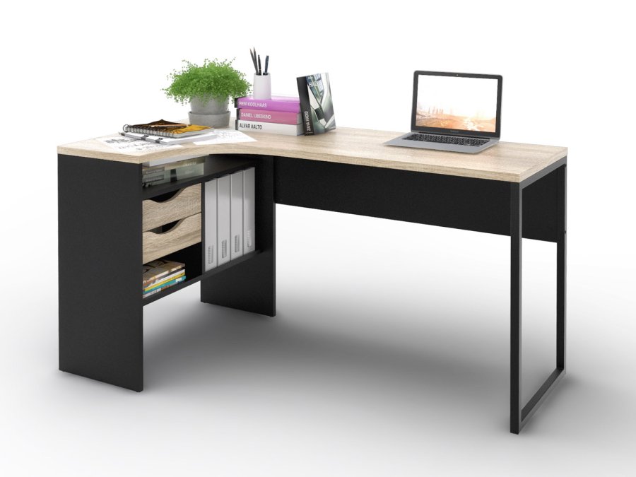 TVILUM Function Plus hjrneskrivebord - mat sort/egetrsstruktur, m. 2 skuffer 