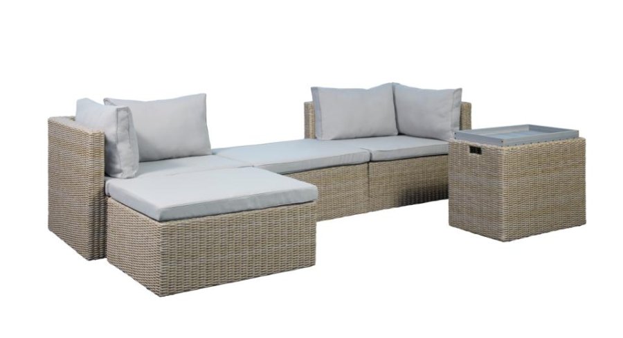 Modul udendrs loungest, m. 1 sofa, 1 bord, 2 skamler, beige stofhynder - brun pe flet (st med 6)