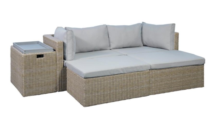 Modul udendrs loungest, m. 1 sofa, 1 bord, 2 skamler, beige stofhynder - brun pe flet (st med 6)