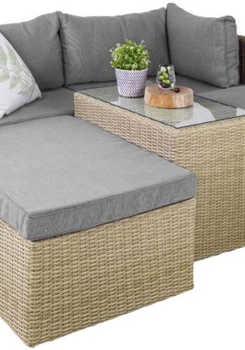 Modul udendrs loungest, m. 1 sofa, 1 bord, 2 skamler, beige stofhynder - brun pe flet (st med 6)