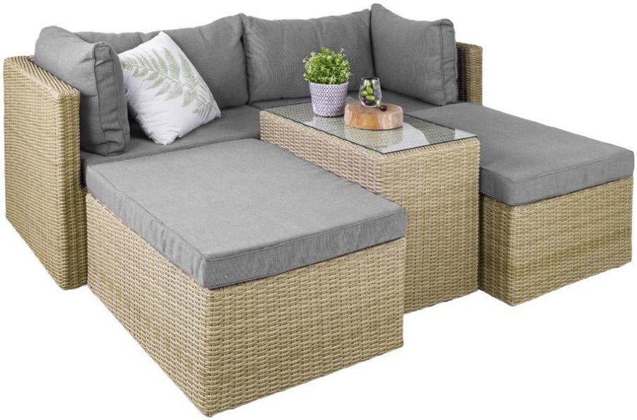 Modul udendrs loungest, m. 1 sofa, 1 bord, 2 skamler, beige stofhynder - brun pe flet (st med 6)