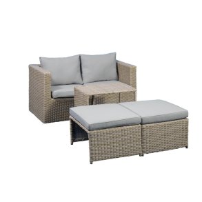 Modul udendrs loungest, m. 1 sofa, 1 bord, 2 skamler, beige stofhynder - brun pe flet (st med 5)