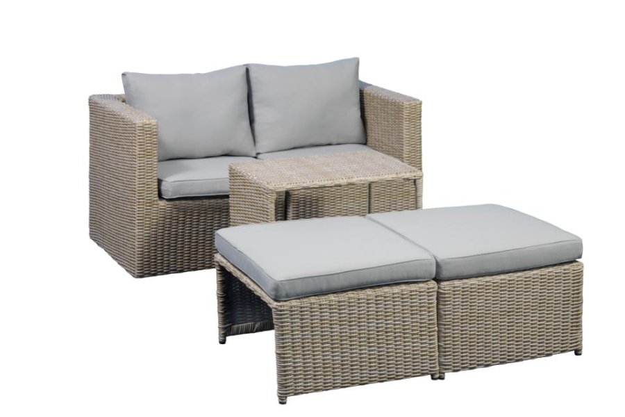 Modul udendrs loungest, m. 1 sofa, 1 bord, 2 skamler, beige stofhynder - brun pe flet (st med 5)