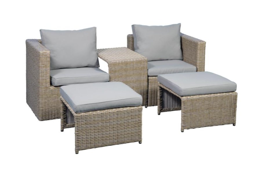 Modul udendrs loungest, m. 1 sofa, 1 bord, 2 skamler, beige stofhynder - brun pe flet (st med 5)