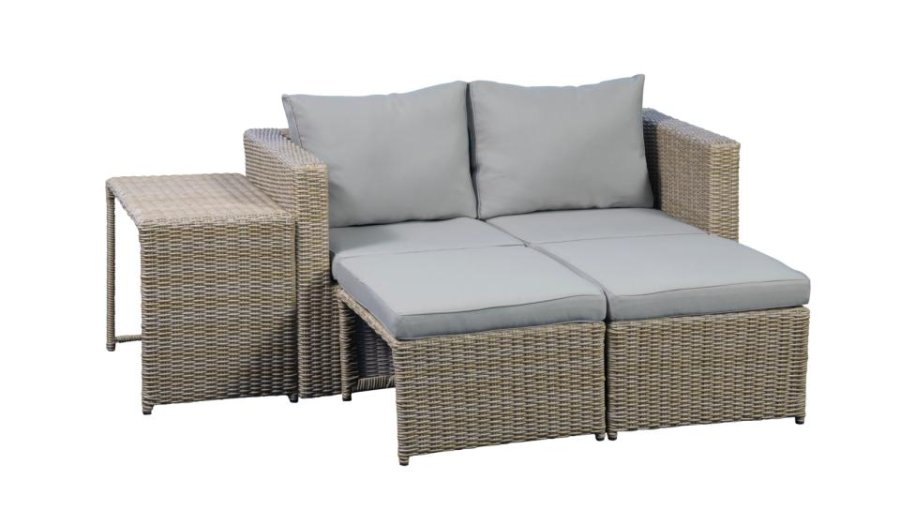 Modul udendrs loungest, m. 1 sofa, 1 bord, 2 skamler, beige stofhynder - brun pe flet (st med 5)