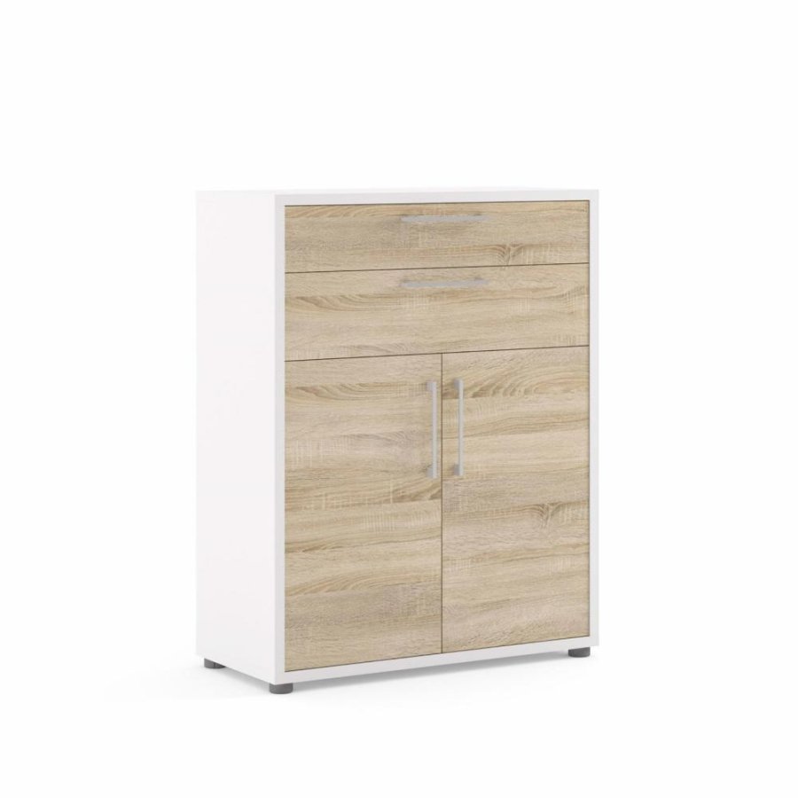 TVILUM Prima reol, m. 2 lger og 2 skuffer - hvid/egetrsfarvet folie