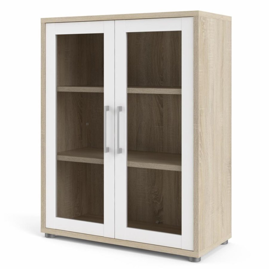 TVILUM Prima reol, m. 2 glaslger - hvid/egetrsfarvet folie