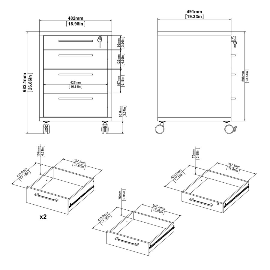 TVILUM Prima skuffesektion - natur egetrsfinér, m. 4 skuffer og hjul