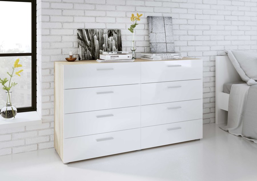 TVILUM Pepe kommode - hvid hjglans/natur tr/egetrsfinér, m. 8 skuffer