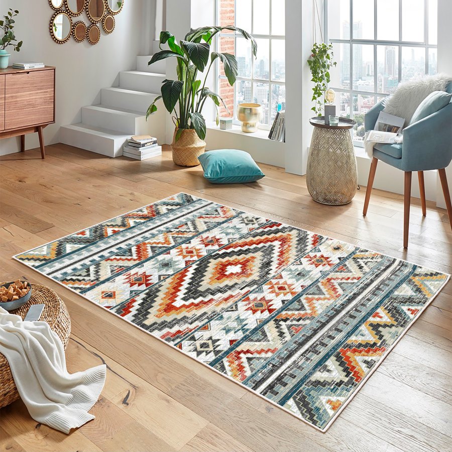 TEPPI WOOBTNY0126 gulvtppe m. mnster, rektangulr - gr/multifarvet bomuld/chenille (160x230)