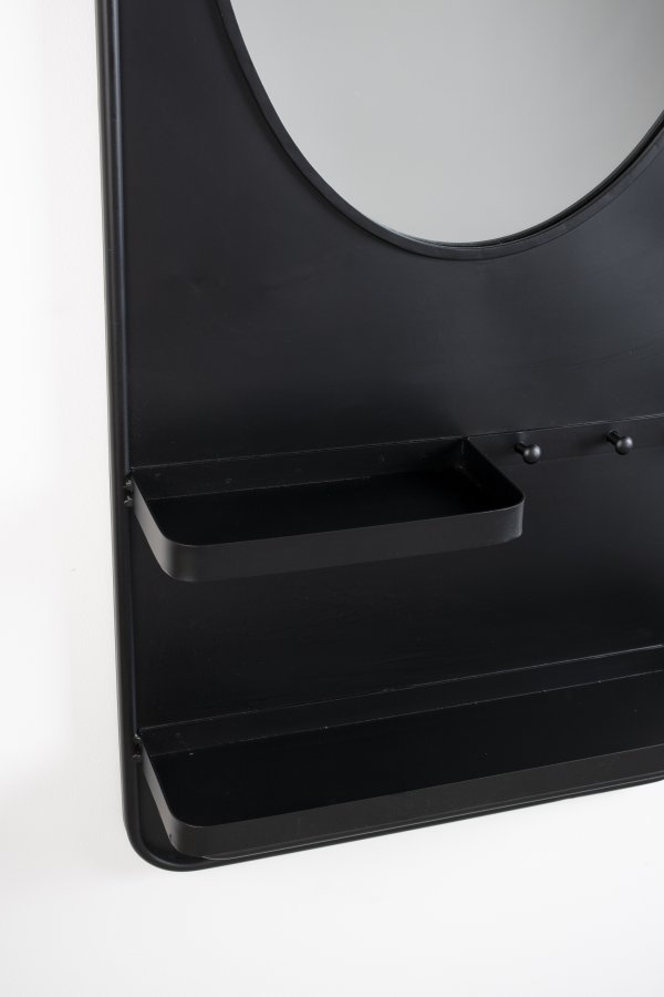 WHITE LABEL LIVING Pascal L vgspejl, m. 2 hylder, 3 knager, trkldestang - sort jern (108x53)