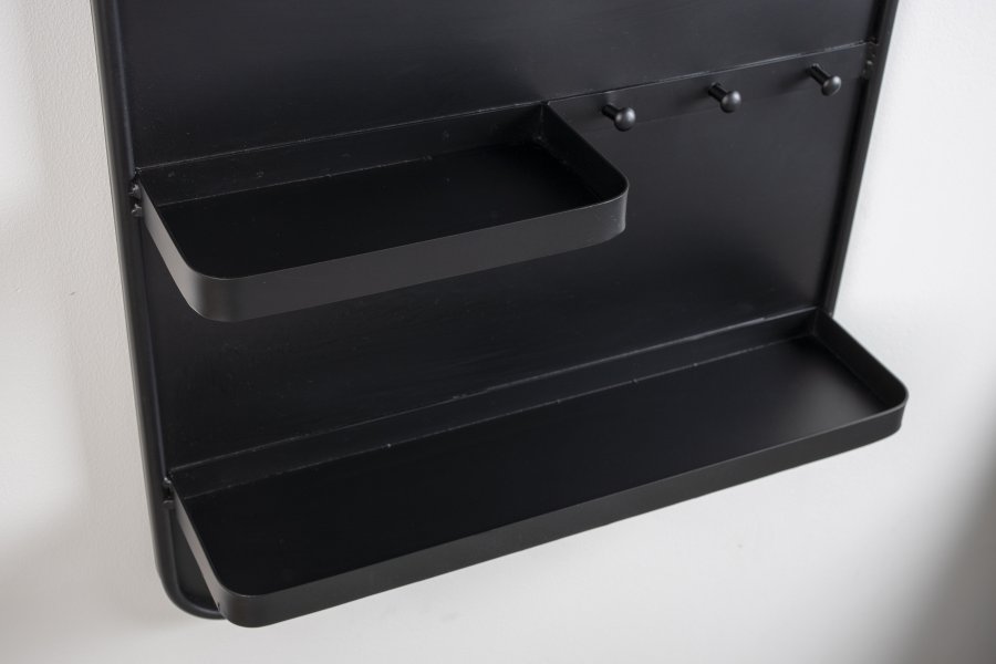 WHITE LABEL LIVING Pascal L vgspejl, m. 2 hylder, 3 knager, trkldestang - sort jern (108x53)