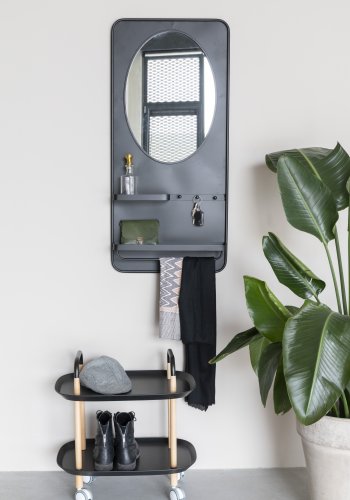 WHITE LABEL LIVING Pascal L vgspejl, m. 2 hylder, 3 knager, trkldestang - sort jern (108x53)