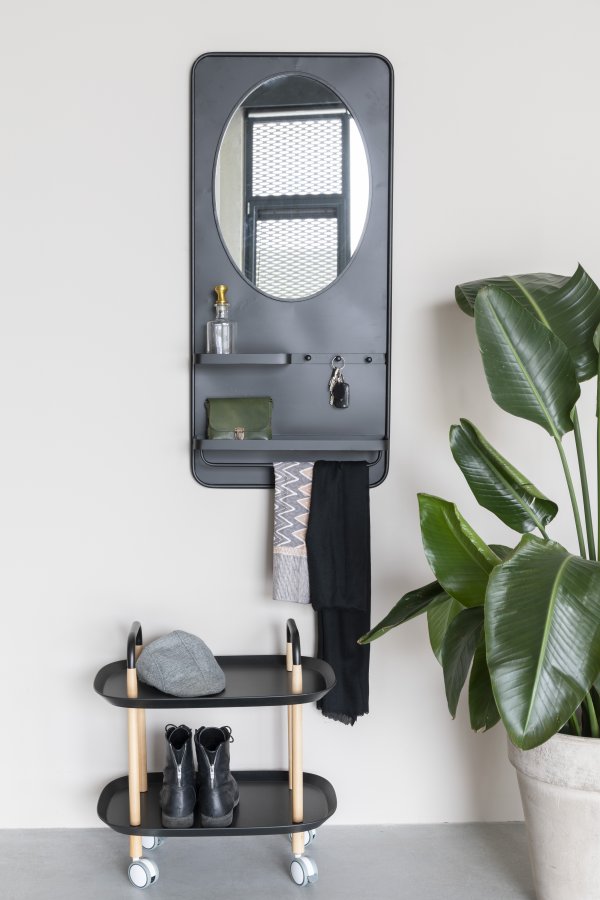 WHITE LABEL LIVING Pascal L vgspejl, m. 2 hylder, 3 knager, trkldestang - sort jern (108x53)