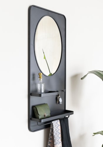 WHITE LABEL LIVING Pascal L vgspejl, m. 2 hylder, 3 knager, trkldestang - sort jern (108x53)