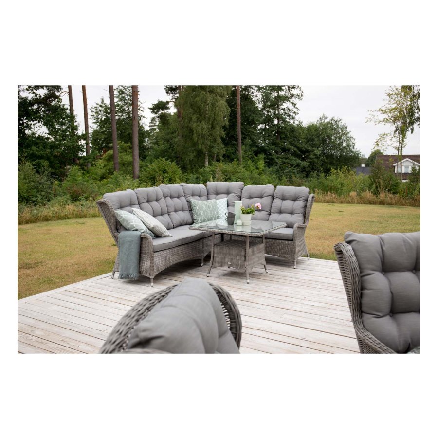 VENTURE DESIGN Washington Flexi hjrne havesofa med gr hynder og glasbord - gr aluminium