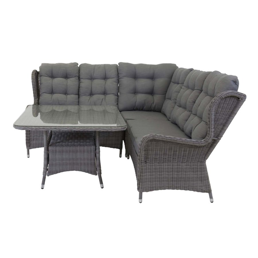 VENTURE DESIGN Washington Flexi hjrne havesofa med gr hynder og glasbord - gr aluminium