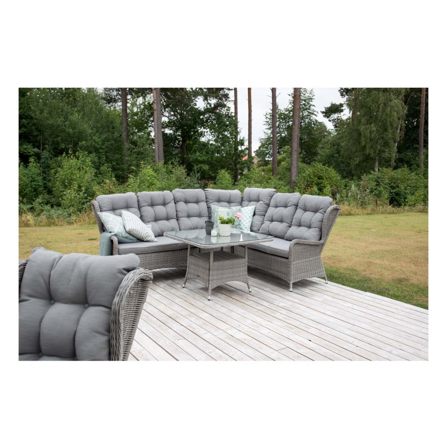 VENTURE DESIGN Washington Flexi hjrne havesofa med gr hynder og glasbord - gr aluminium