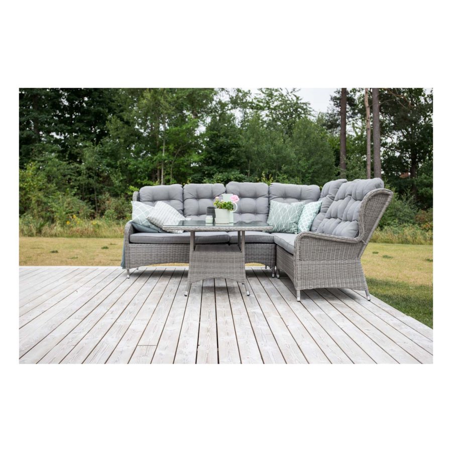 VENTURE DESIGN Washington Flexi hjrne havesofa med gr hynder og glasbord - gr aluminium