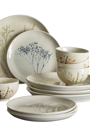 BLOOMINGVILLE Bea service st, 2x4 tallerkner og 4 skle - natur stentj med mnster (st med 12)