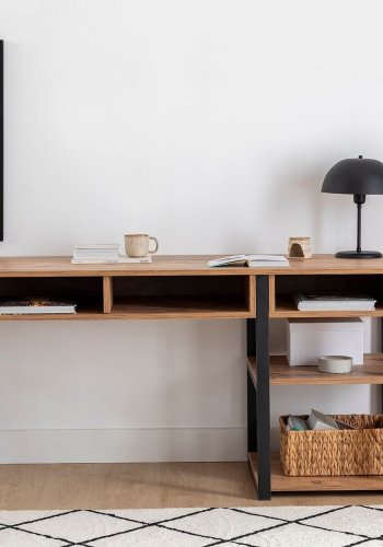 NORDVÄRK Emro Study skrivebord, m. 3 rum og 2 hylder - valnd melamin og sort metal (150x58,4)