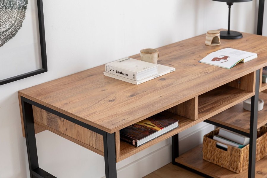 NORDVÄRK Emro Study skrivebord, m. 3 rum og 2 hylder - valnd melamin og sort metal (150x58,4)