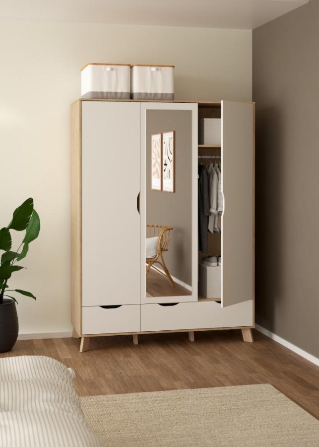 TVILUM Ikast Garderobeskab med 2 dre + 1 spejldr + 2 skuffer, Jackson Hickory/Hvid, 147,2 x 58,1 x 201 cm