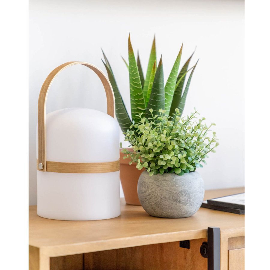 KAVE HOME rund Janvir LED bordlampe - hvid plastik og natur tr