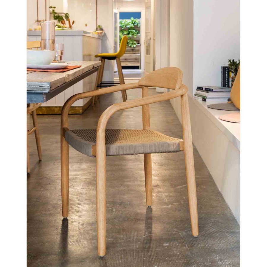 KAVE HOME Glynis havestol m. armln - beige reb og natur eukalyptustr