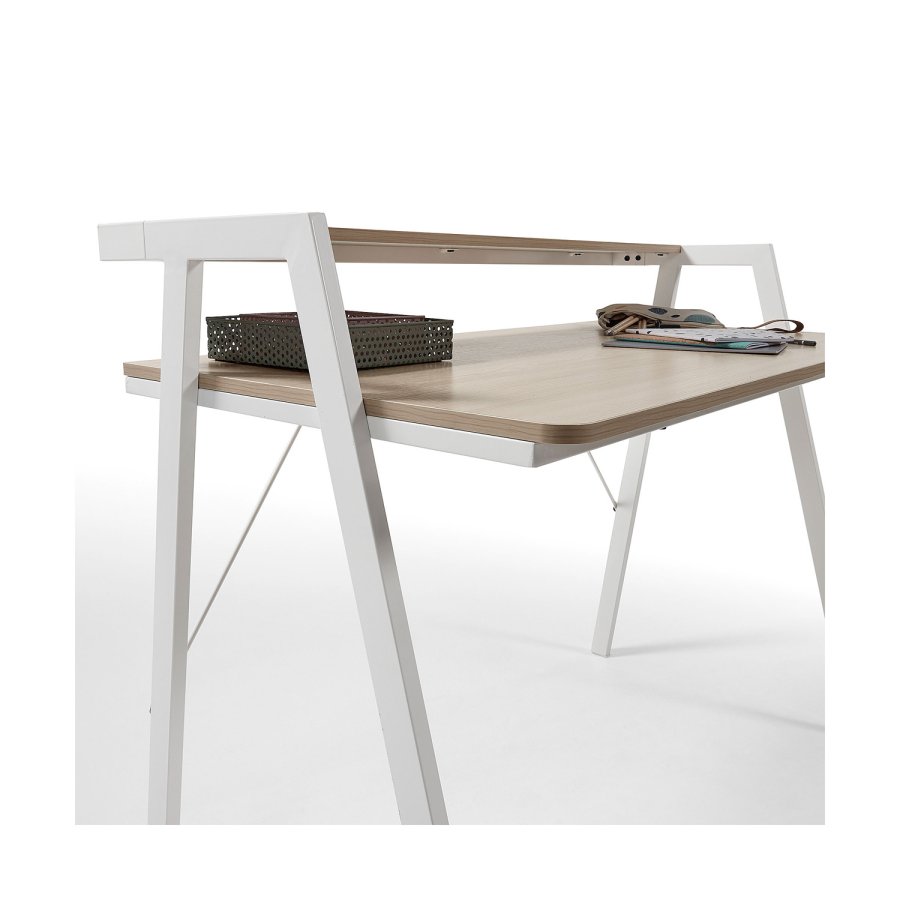 KAVE HOME rektangulr Aarhus skrivebord m. hylde - natur melamin og hvid stl (114,5x60)