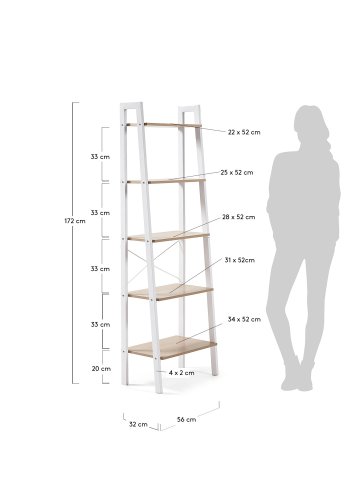 KAVE HOME rektangulr State reol m. 5 hylder - natur melamin og hvid stl (56x172)