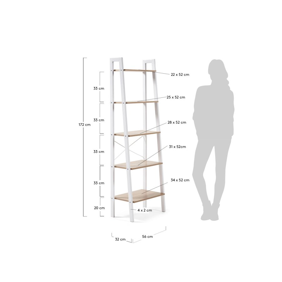 KAVE HOME rektangulr State reol m. 5 hylder - natur melamin og hvid stl (56x172)