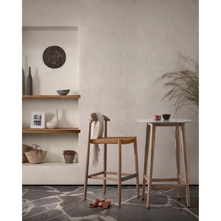 KAVE HOME Glynis 77 barstol til haven, m. rygln og fodsttte - beige reb og natur eukalyptustr 