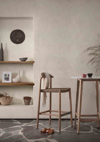 KAVE HOME Glynis 77 barstol til haven, m. rygln og fodsttte - beige reb og natur eukalyptustr 