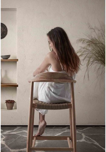 KAVE HOME Glynis 77 barstol til haven, m. rygln og fodsttte - beige reb og natur eukalyptustr 