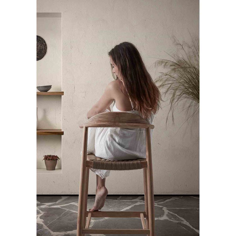 KAVE HOME Glynis 77 barstol til haven, m. rygln og fodsttte - beige reb og natur eukalyptustr 