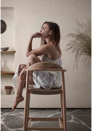 KAVE HOME Glynis 77 barstol til haven, m. rygln og fodsttte - beige reb og natur eukalyptustr 