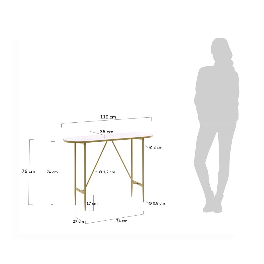 KAVE HOME oval Elisenda konsolbord - hvid glas og guld stl (110x35)