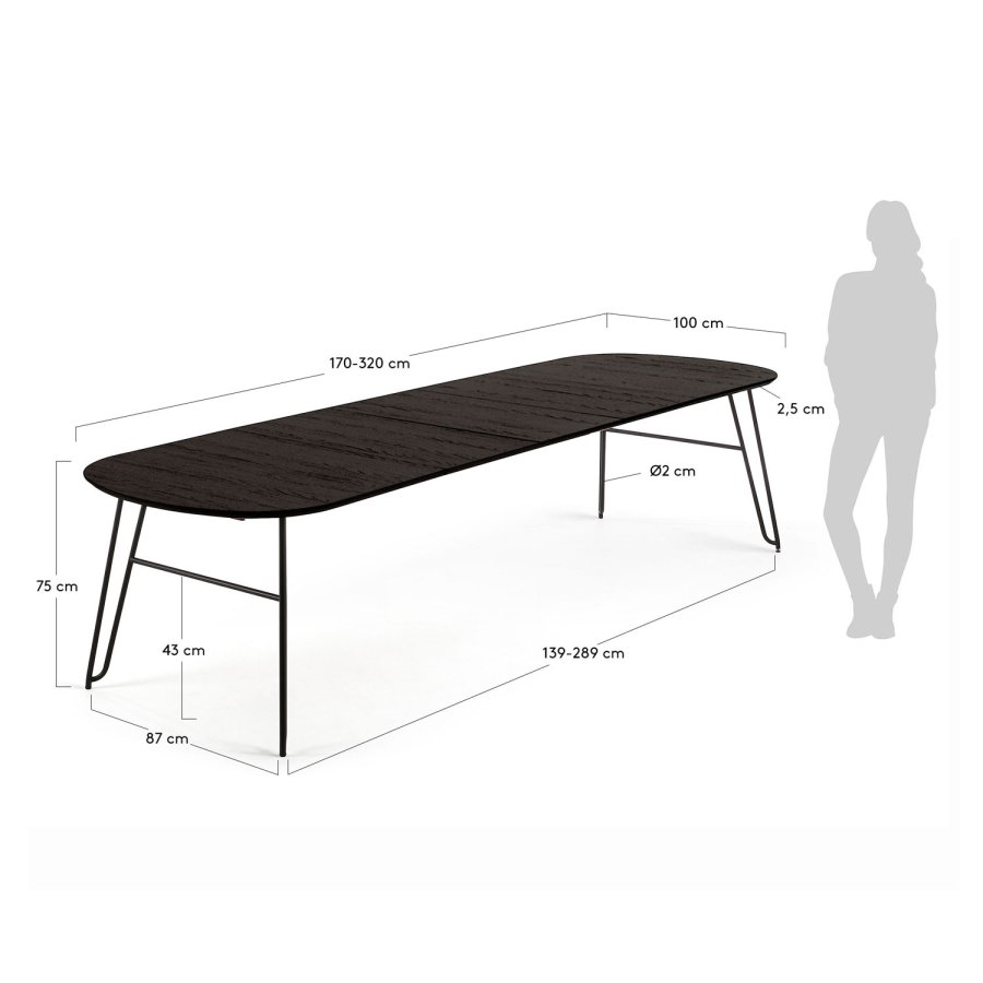 KAVE HOME rektangulrt Norfort spisebord m. udtrk - sort tr og metal (170(320)x100) 