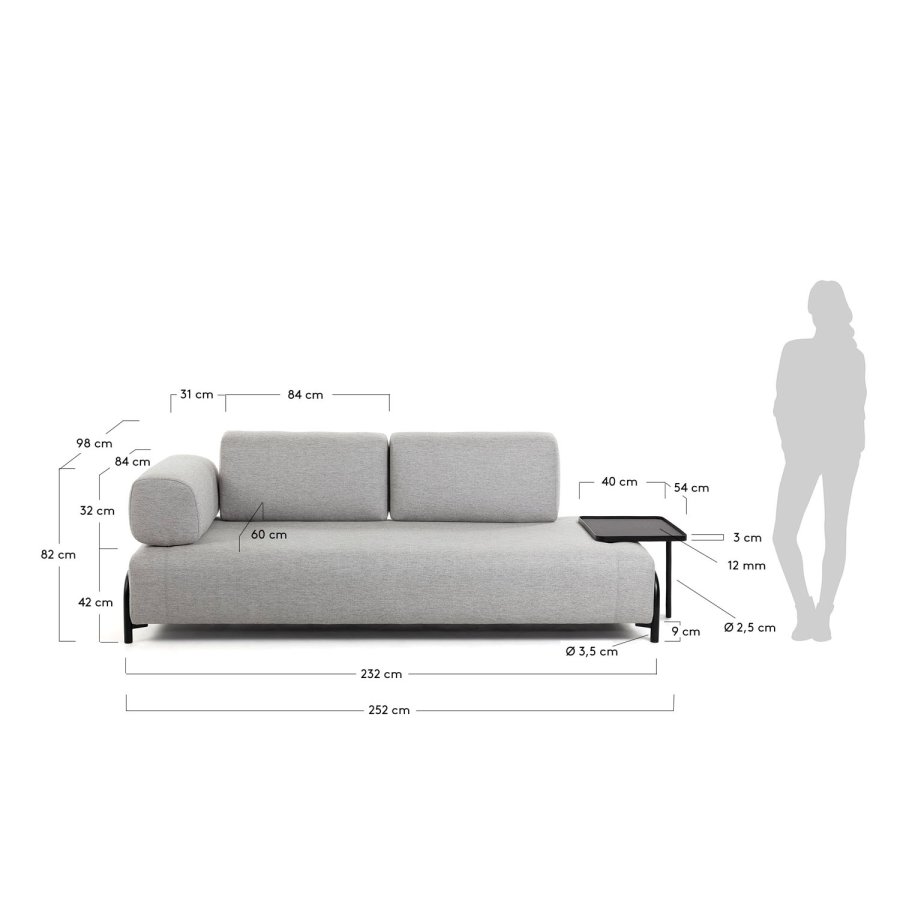 KAVE HOME Compo 3 pers. sofa m. stor bakke - beige stof og metal 