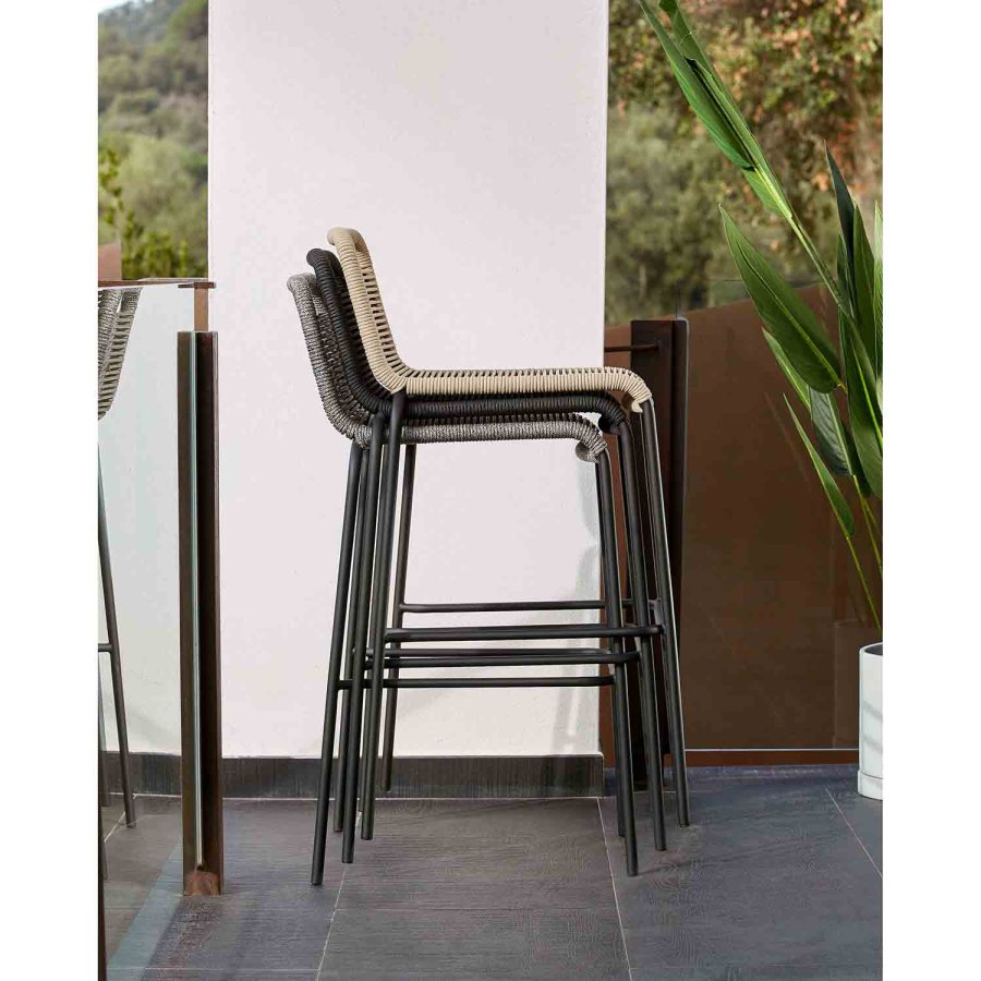 KAVE HOME Black Glenville barstol til haven, m. rygln og fodsttte - sort reb og stl (100cm)